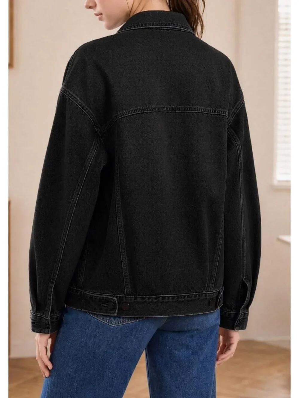 Women's Black Oversized Casual Trucker Jeans Jacket Long Sleeve Button Down Coat